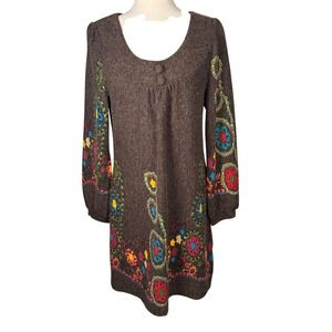 Aryeh Sweater Dress Long Sleeve Embroidered Brown M Boho Festival Baloon Sleeve